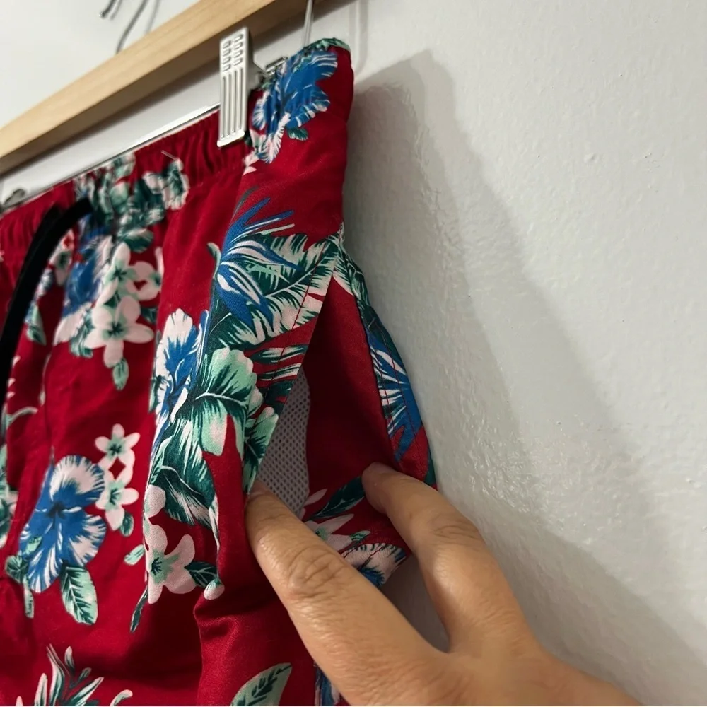 Brooklyn Cloth Surf Ave Small Red Hawaiian Floral Volley Swim Trunks Shorts